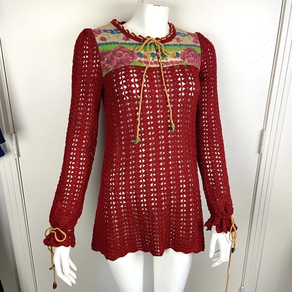 Free People Sweaters - NWT Free People Red Crochet Open Weave Sheer Quilted Yoke Sweater $128 M Medium